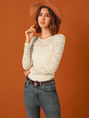 Retro Semi Sheer Puff Long Sleeve Embroidery Lace Blouse