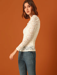 Retro Semi Sheer Puff Long Sleeve Embroidery Lace Blouse