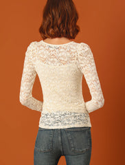 Retro Semi Sheer Puff Long Sleeve Embroidery Lace Blouse