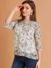 Casual Ruffle Floral Print 3/4 Sleeve Chiffon Blouse