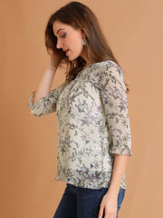 Casual Ruffle Floral Print 3/4 Sleeve Chiffon Blouse