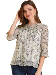 Casual Ruffle Floral Print 3/4 Sleeve Chiffon Blouse