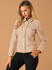 Faux Suede Turn-Down Collar Flap Pocket Snap Button Jacket
