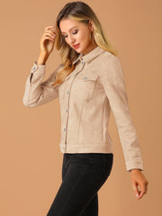 Faux Suede Turn-Down Collar Flap Pocket Snap Button Jacket