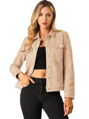 Faux Suede Turn-Down Collar Flap Pocket Snap Button Jacket