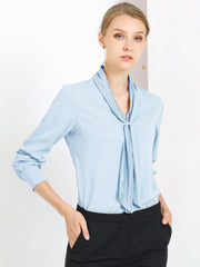 Long Sleeve Chiffon Pleated Tie Neck Office Blouse