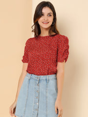 Floral Crew Neck Ruched Sleeve Casual Blouse