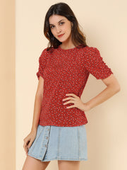 Floral Crew Neck Ruched Sleeve Casual Blouse
