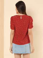 Floral Crew Neck Ruched Sleeve Casual Blouse