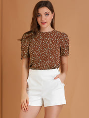 Floral Crew Neck Ruched Sleeve Casual Blouse