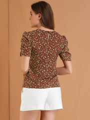 Floral Crew Neck Ruched Sleeve Casual Blouse
