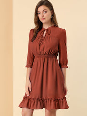 Ruffle Hem 3/4 Sleeve A-Line Smocked Midi Chiffon Dress