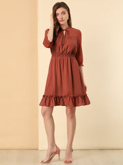 Ruffle Hem 3/4 Sleeve A-Line Smocked Midi Chiffon Dress