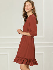 Ruffle Hem 3/4 Sleeve A-Line Smocked Midi Chiffon Dress