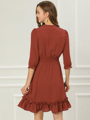 Ruffle Hem 3/4 Sleeve A-Line Smocked Midi Chiffon Dress