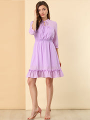 Ruffle Hem 3/4 Sleeve A-Line Smocked Short Chiffon Dress