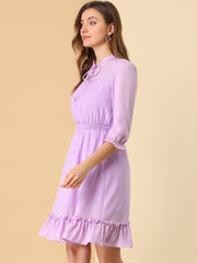 Ruffle Hem 3/4 Sleeve A-Line Smocked Short Chiffon Dress