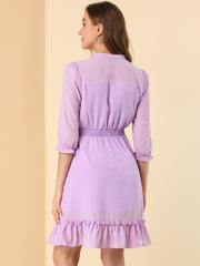 Ruffle Hem 3/4 Sleeve A-Line Smocked Short Chiffon Dress