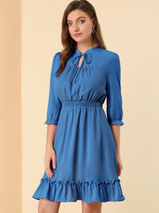 Ruffle Hem 3/4 Sleeve A-Line Smocked Short Chiffon Dress