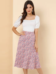 Floral Peasant Elastic Waist A-Line Ditsy Leave Midi Skirt