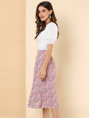 Floral Peasant Elastic Waist A-Line Ditsy Leave Midi Skirt