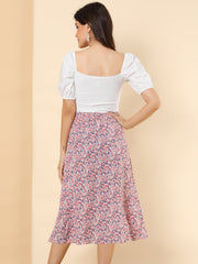 Floral Peasant Elastic Waist A-Line Ditsy Leave Midi Skirt