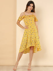 Spaghetti Strap Asymmetrical High Low Floral A-Line Midi Dress