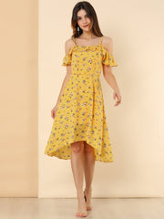 Spaghetti Strap Asymmetrical High Low Floral A-Line Midi Dress
