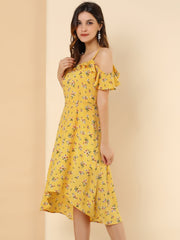 Spaghetti Strap Asymmetrical High Low Floral A-Line Midi Dress
