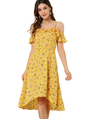 Spaghetti Strap Asymmetrical High Low Floral A-Line Midi Dress