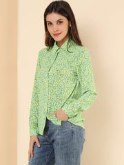 Button Down Floral Shirt Blouse Long Sleeve Point Collar Top