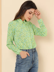 Button Down Floral Shirt Blouse Long Sleeve Point Collar Top
