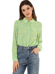 Button Down Floral Shirt Blouse Long Sleeve Point Collar Top