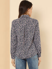 Button Down Floral Long Sleeve Point Collar Blouse