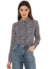 Button Down Floral Long Sleeve Point Collar Blouse