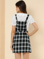 Plaid Tartan Button Decor A-Line Pinafore Overall Dress