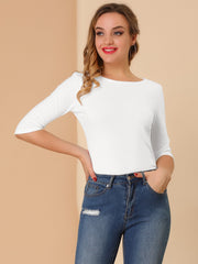 Casual Boat Neck 3/4 Sleeve Solid Basic T-shirt