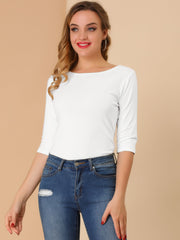Casual Boat Neck 3/4 Sleeve Solid Basic T-shirt