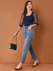 Retro Square Neck Tops Slim Fit Semi Sheer 3/4 Mesh Sleeve Top