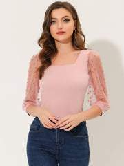 Retro Square Neck Tops Slim Fit Semi Sheer 3/4 Mesh Sleeve Top