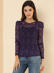 Retro Semi Sheer Puff Long Sleeve Embroidery Lace Blouse