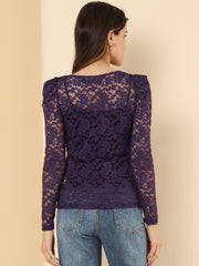 Retro Semi Sheer Puff Long Sleeve Embroidery Lace Blouse