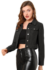 Button Down Long Sleeve Casual Cropped Denim Jacket