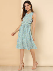 Floral Drawstring Waist Sleeveless A-Line Midi Dress Sundress