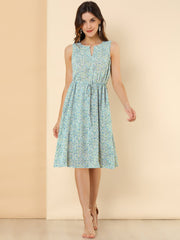 Floral Drawstring Waist Sleeveless A-Line Midi Dress Sundress