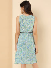 Floral Drawstring Waist Sleeveless A-Line Midi Dress Sundress