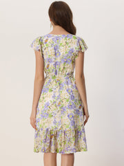 Floral Chiffon Flutter Sleeve Belted Square Neck Ruffled Hem Dress