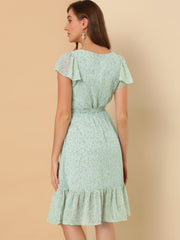 Floral Chiffon Flutter Sleeve Belted Square Neck Ruffled Hem Dress
