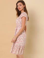 Floral Chiffon Flutter Sleeve Belted Square Neck Ruffled Hem Dress