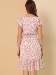 Floral Chiffon Flutter Sleeve Belted Square Neck Ruffled Hem Dress